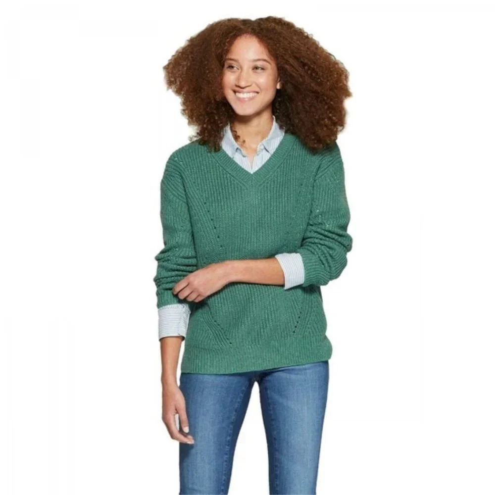 A New Day Pretty Green V-Neck Long Sleeve Pullover Sweater in Size XXL
